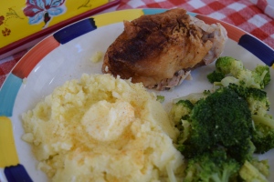 Our favorite baked chicken, with mashed potatoes and broccoli.